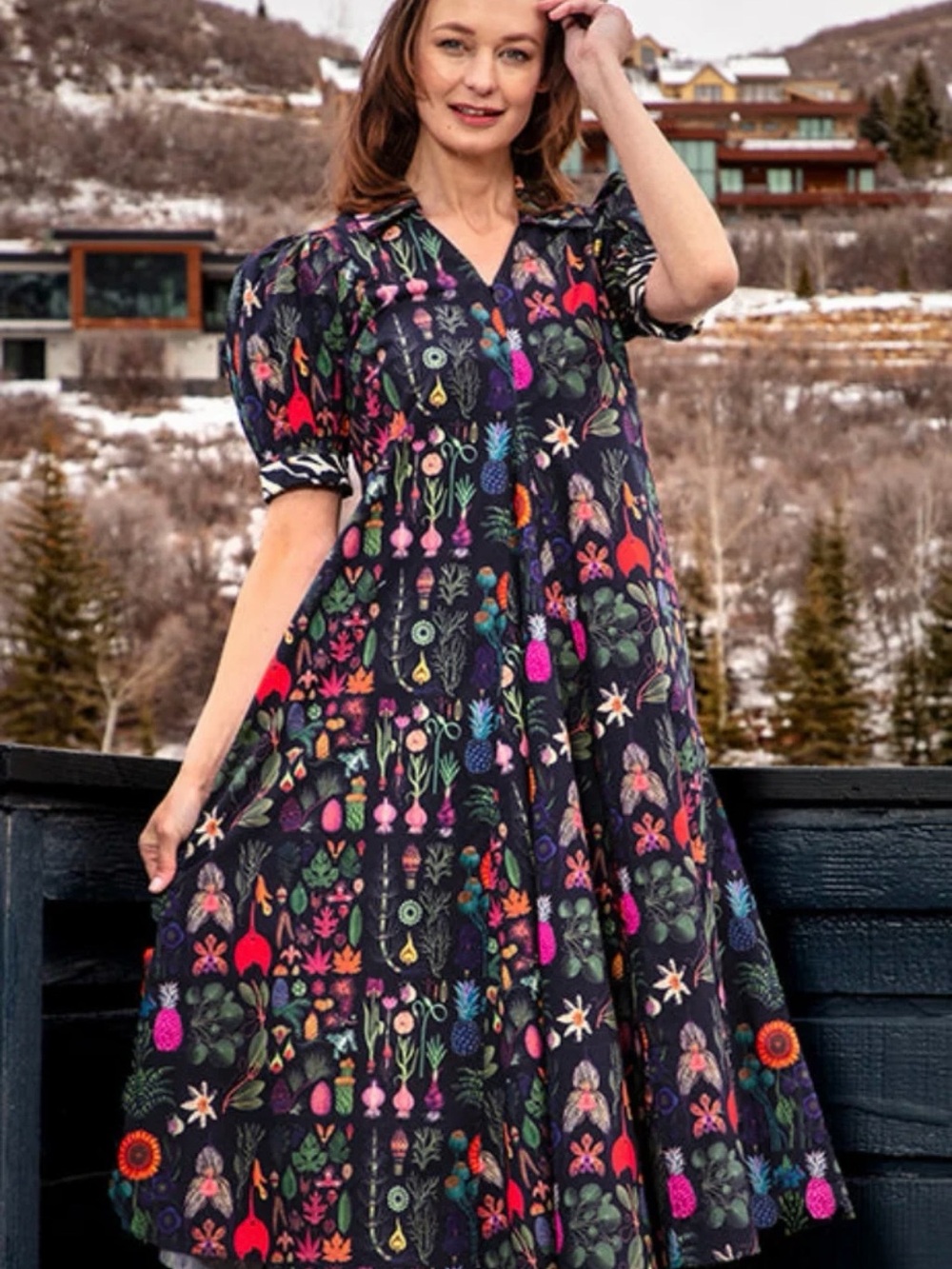 Dizzy Lizzie Montauk Dress Botanical Print with Puff Sleeves